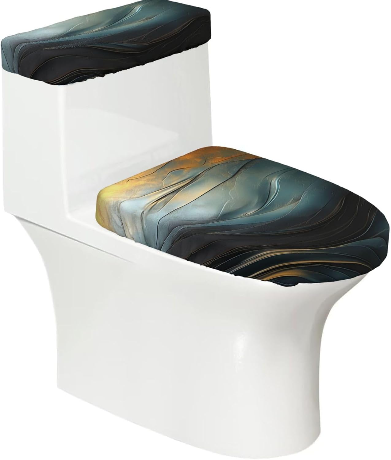 2 Pcs Toilet Lid Cover and Toilet Tank Lid Cover, Washable Toilet Cover with Elastic Bottom Replacement Soft Stretch Toilet Seat Cover Set Metallic Dark Gold Bathroom Decor