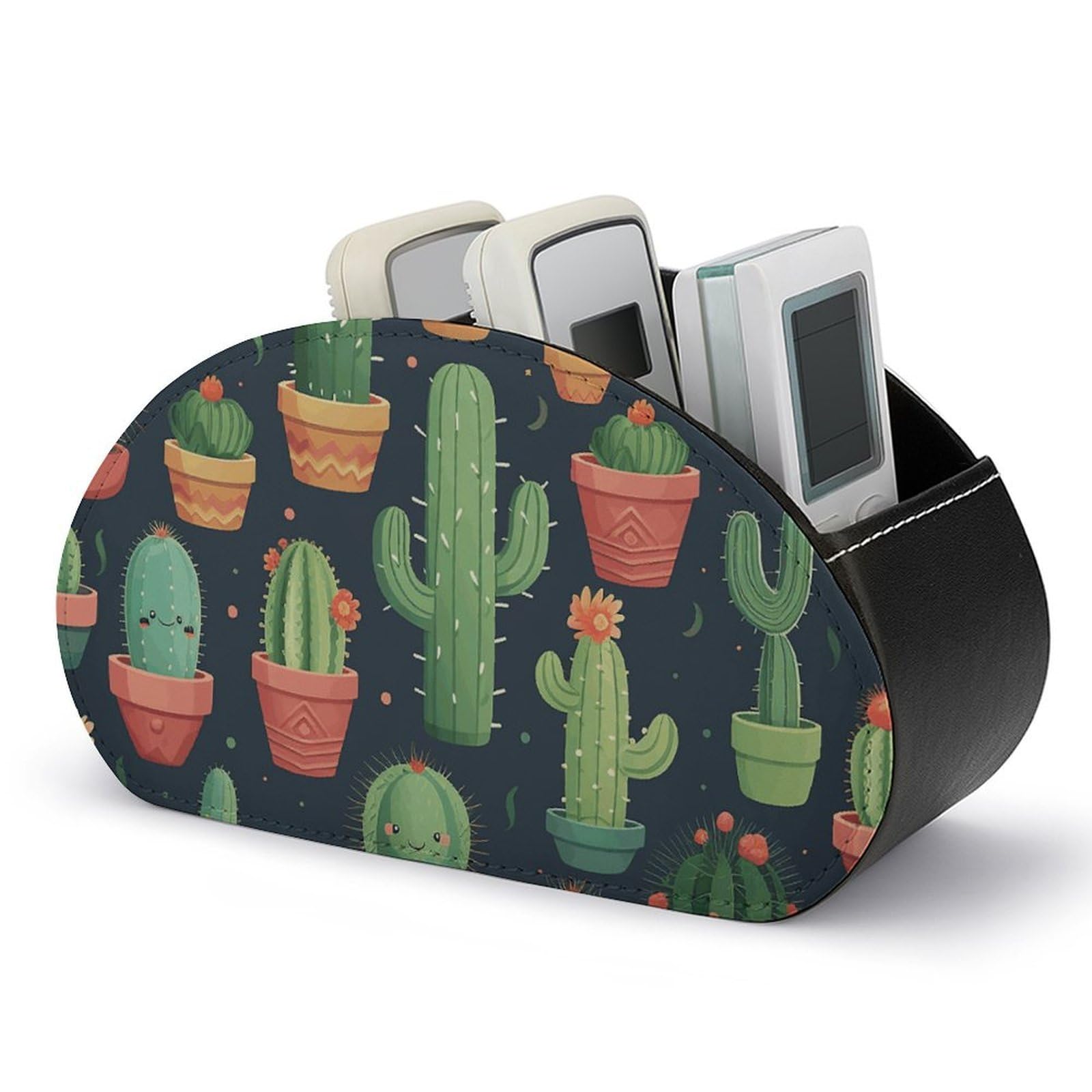 VstaDank Cute Cactus Seamless Illustration Remote Control Holder with 5 Compartments PU Leather Remote Caddy Desktop Organizer Store TV Remote Control Storage Box for Home Office Desk Nightstand