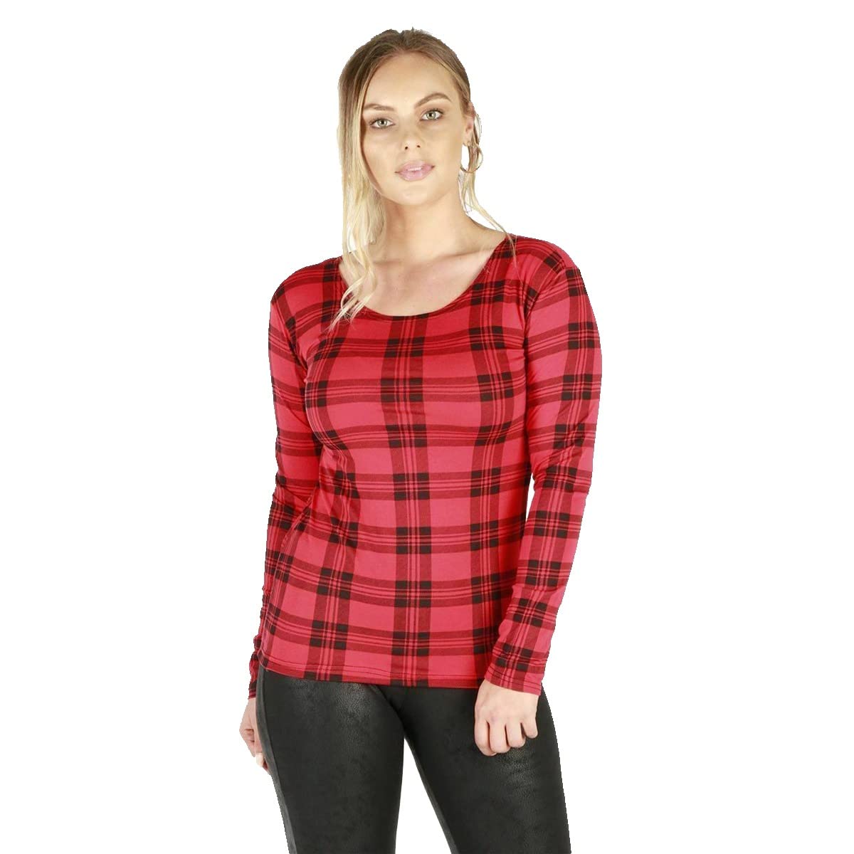 Metluq M0d4 Women's Red Tartan New Long Sleeve Printed Casual Round Neck Stretchy Tee Basic T-Shirt Top (16, )