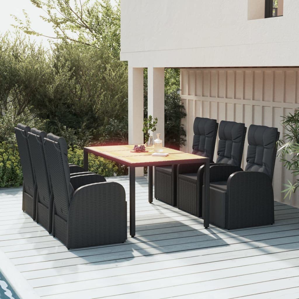 Juego de 7 sillas de jardín de ratán sintético negro con cojín, sillón de jardín con función reclinable, marco de acero pulverizado, diseño modular para una colocación flexible