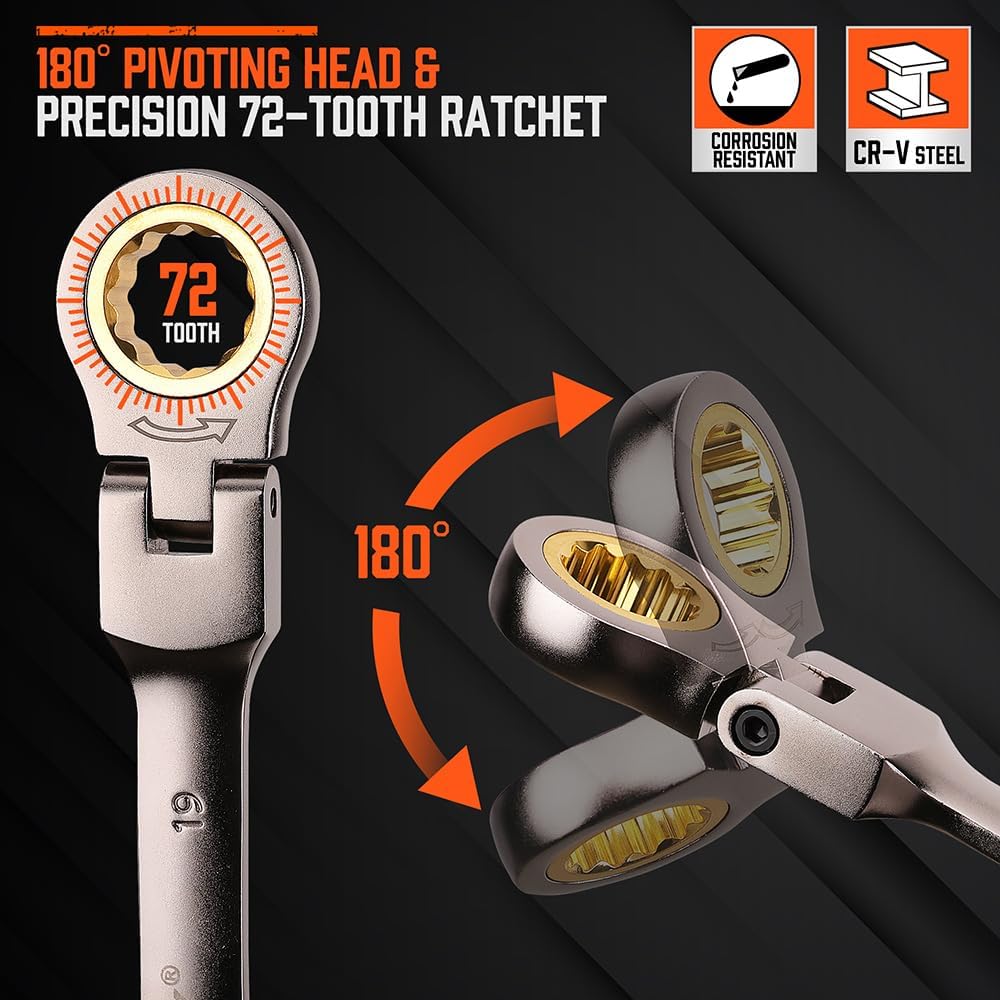 HORUSDY Set di chiavi combinate a cricchetto metriche da 8-19 mm, con organizer, 72 denti, in acciaio al cromo vanadio, 12 pezzi