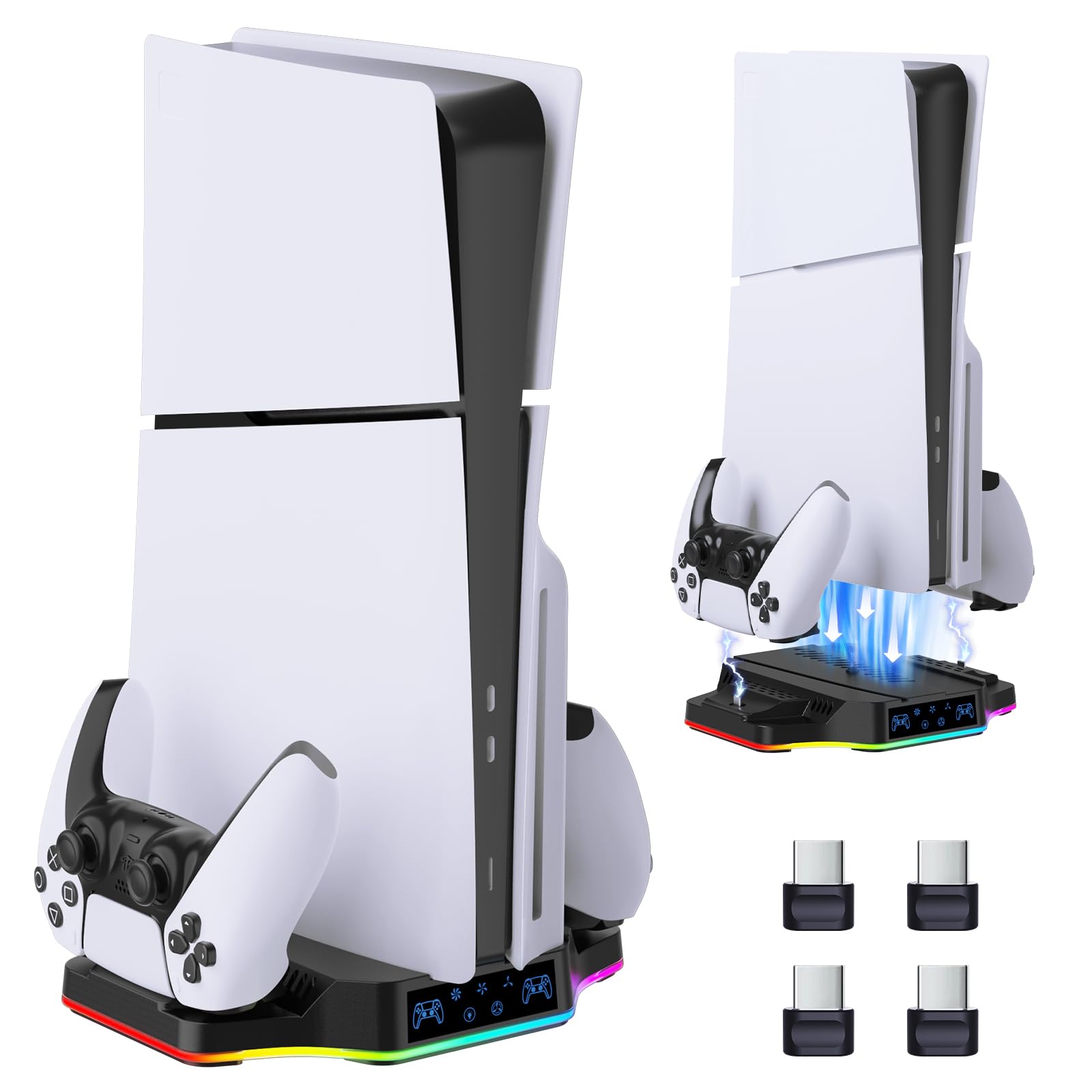 Supporto PS5 Slim con Ventola di Raffreddamento Compatibile con Playstation 5 Slim Console Disc & Digital, Stazione Ricarica Controller per PS5 e Edge, Accessori Base PS5 Slim con Luce RGB