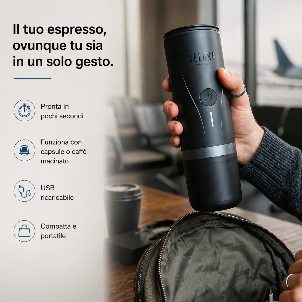 Generico VeloraTravelRitual Macchina Caffè Portatile – Espresso Ovunque, Compatibile Capsule e Macinato, Ricarica USB, Ideale per Auto, Viaggi, Camper e Outdoor
