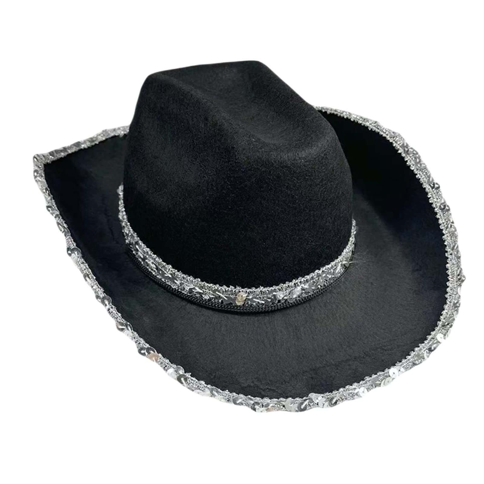 Kiluex Adult Cowboy Hat Cowgirl Hat Wide Brim High Top Sparkly Rhinestone Sequin Cowboy Hat Fancy Dress Disco Dance Hats (A-Black, ONE Size)