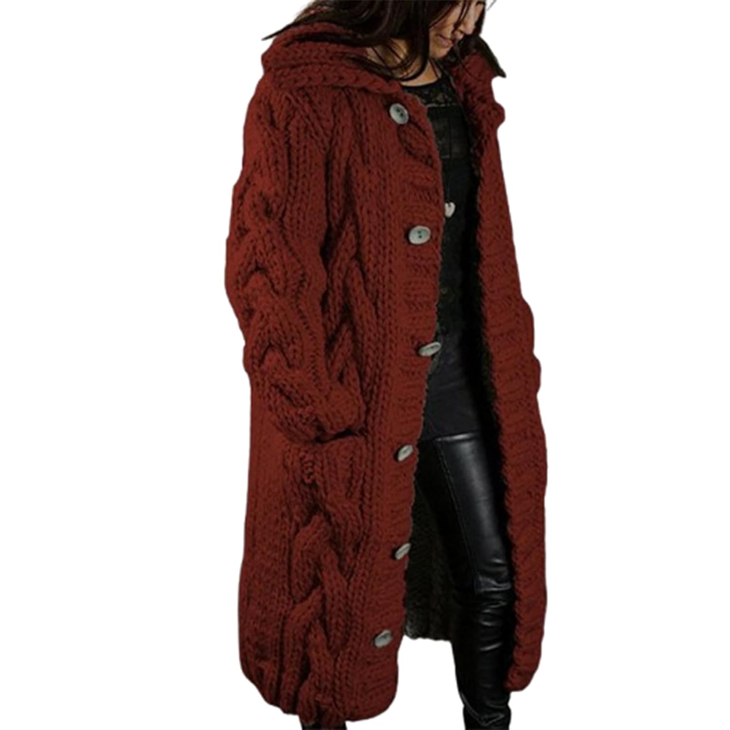 Womens Winter Knit Long Cardigan Button Down Hooded Sweater Coat with Pockets