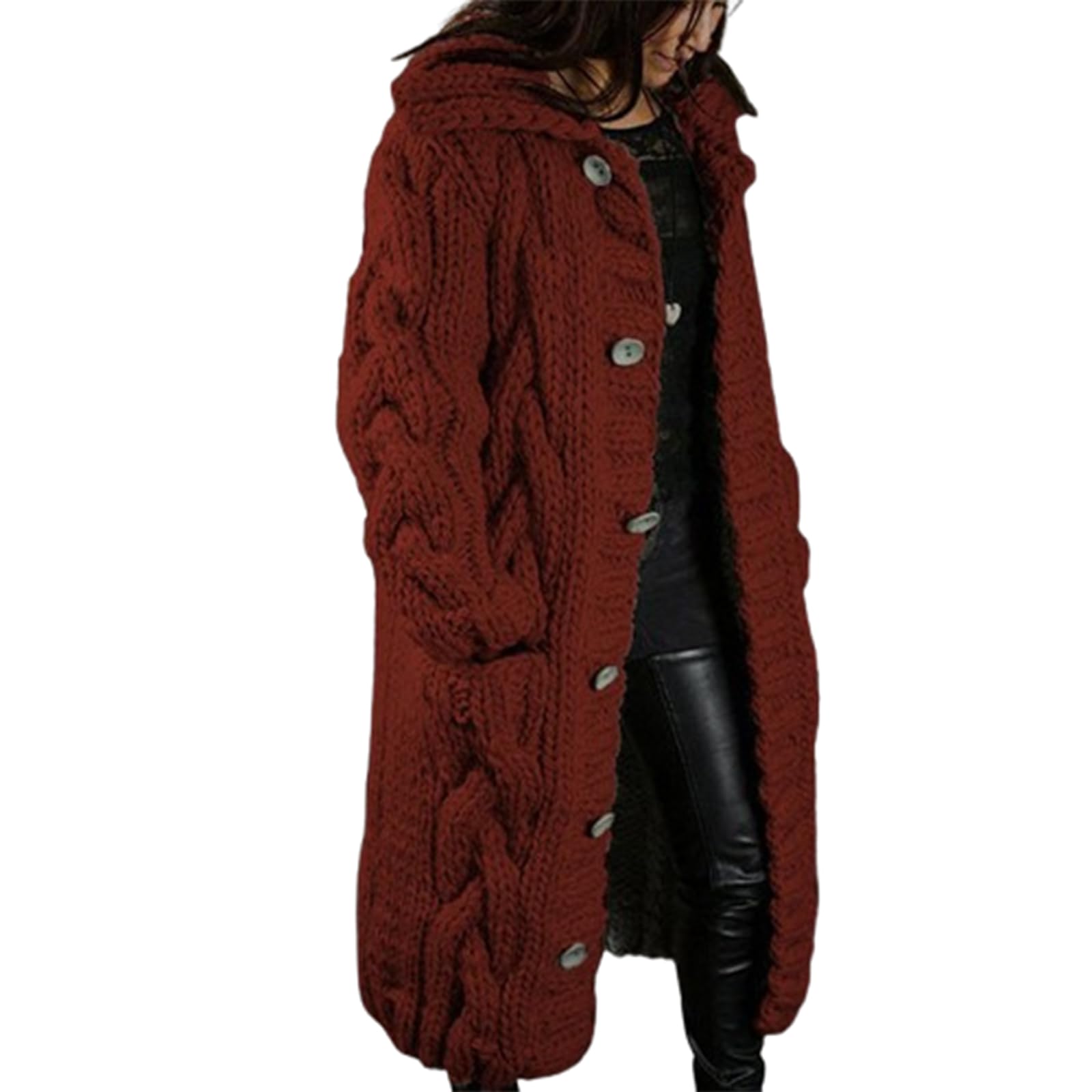 Womens Winter Knit Long Cardigan Button Down Hooded Sweater Coat with Pockets