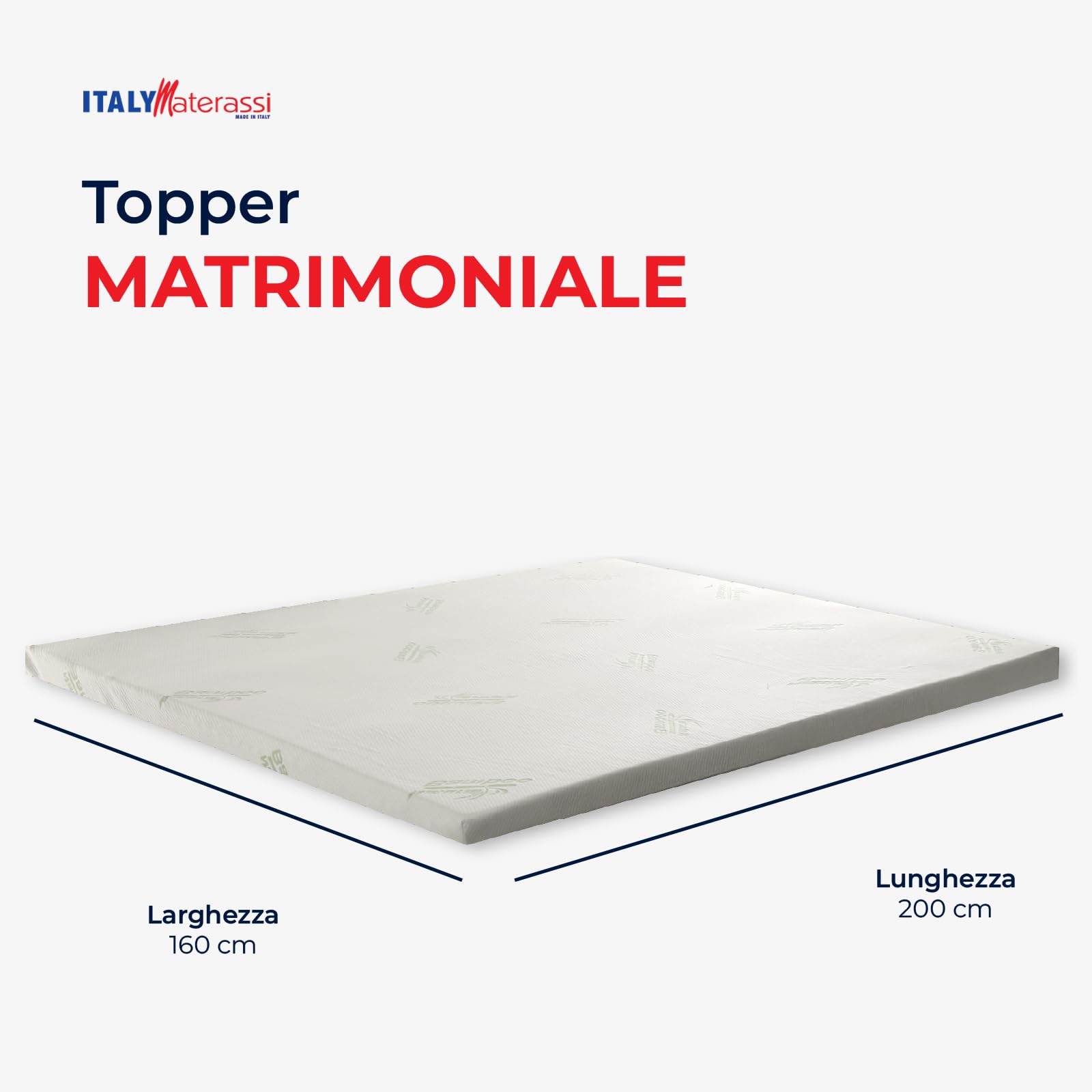 Topper Memory de 5 cm de altura, corrector de colchón contra el dolor de espalda con tejido extraíble y esquinas elásticas. 100% hipoalergénico italiano. Medida colchón: 160 x 200 cm