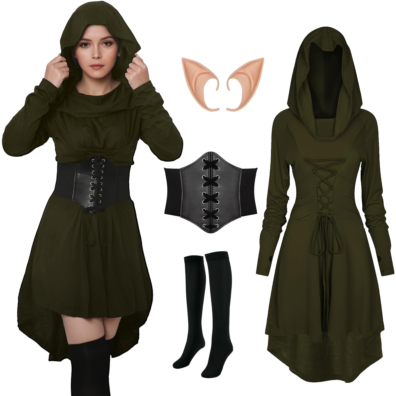 Elfenkostüm Für Damen – 6-teiliges Set Mit Kleid, Korsett, Kopfschmuck & Ohren, Für Halloween & Cosplay