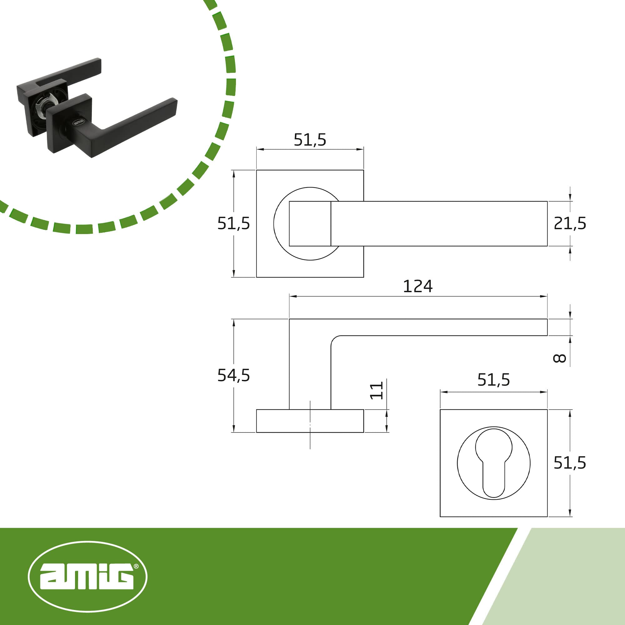 Amig - Juego de Manillas para Puertas - Mod. CADIZ - 52 x 124 mm - Con Bocallave - Diseño Elegante y Sencillo - Manija de Agarre Ergonómico - Zamak Negro Mate