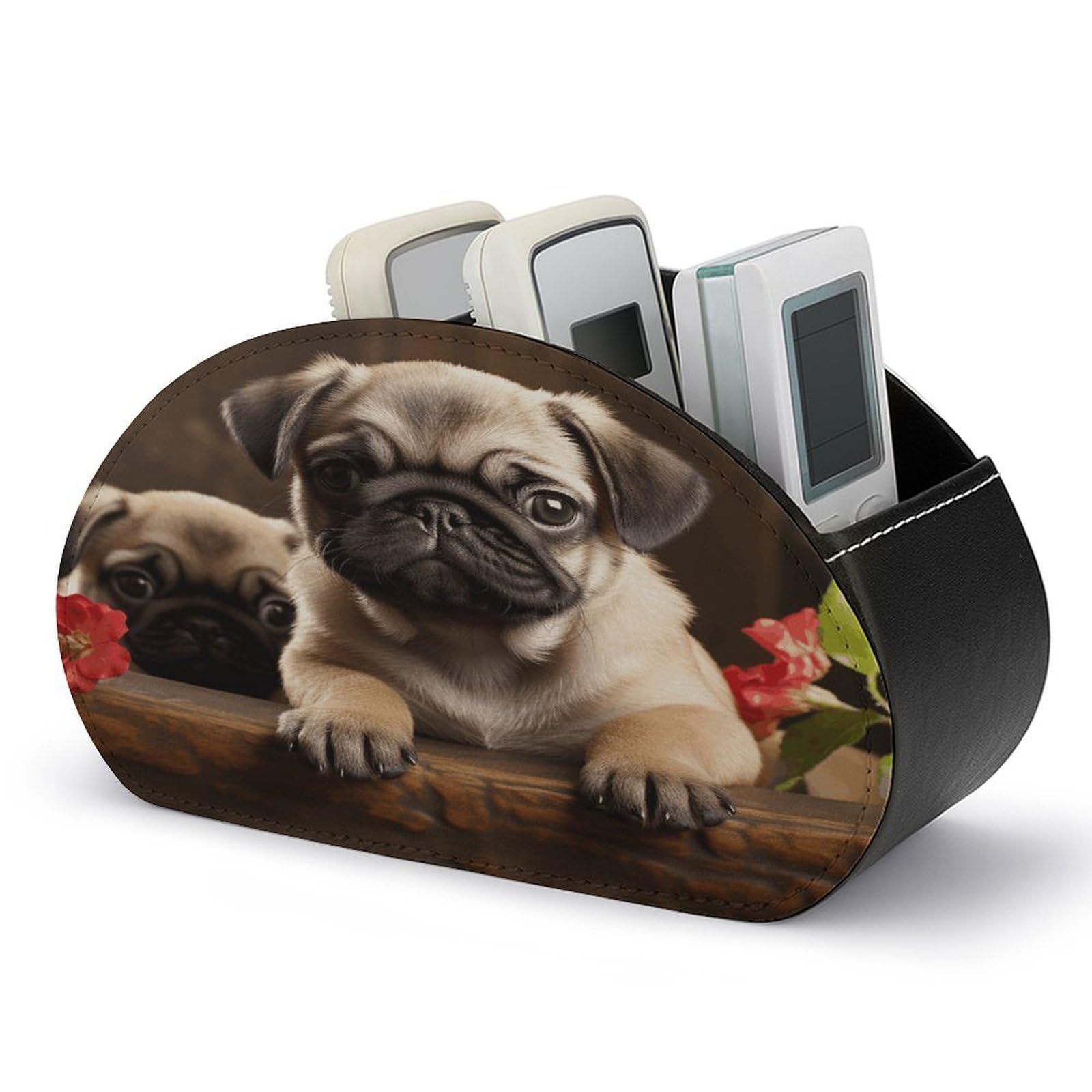 VstaDank Puppys Pug Remote Control Holder Farmhouse TV Media Remote Storage Box with 5 Compartments PU Leather Remote Caddy Desktop Organizer for Home Bedside Table Organizer