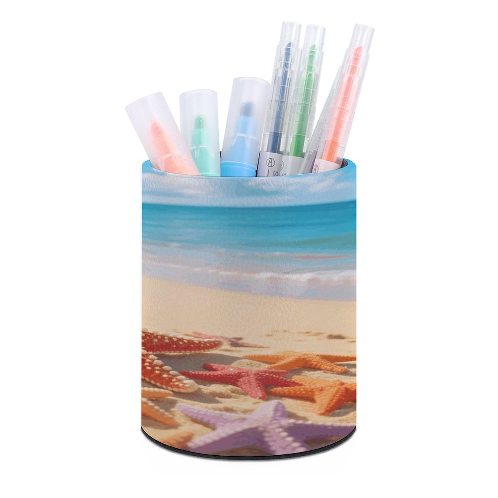 VstaDank Starfish And Sand Pen Holder Round Pencil Holder for Desk Organizer PU Leather Pencil Cup Makeup Brush Holders Modern Pen Cup Large Pen Organizer for Office Home Ideal Gift