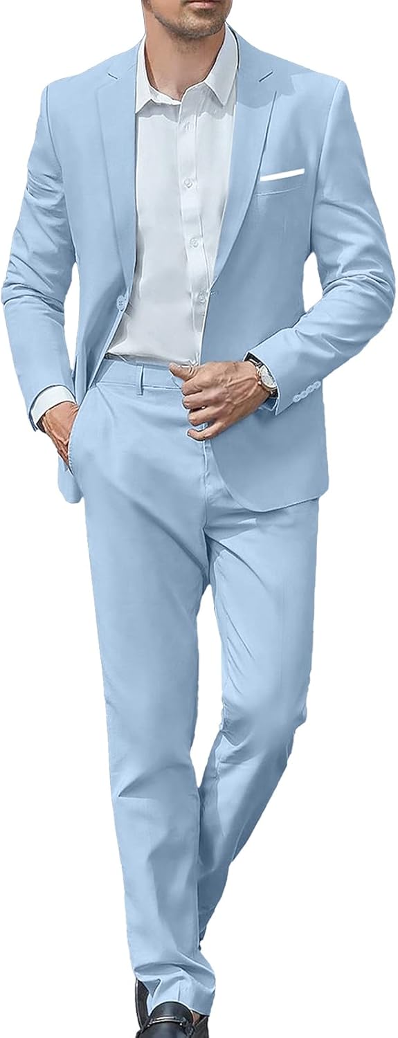 Mens Cotton Suit 2 Piece Set Slim Fit One Button Solid Dress Casual Blazer Formal Wedding Party Prom Tuxedo Jacket and Pants - Image 2