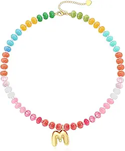 Initial Necklaces for Women, Beaded Necklaces for Women with Bubble Necklace Letter Stocking Stuffers for Teens Trendy Stuff Colorful Gemstone Choker 14k Gold Letter A-Z Pendant Summer Beach Christmas Birthday Jewelry for Her Girlfriend Sister