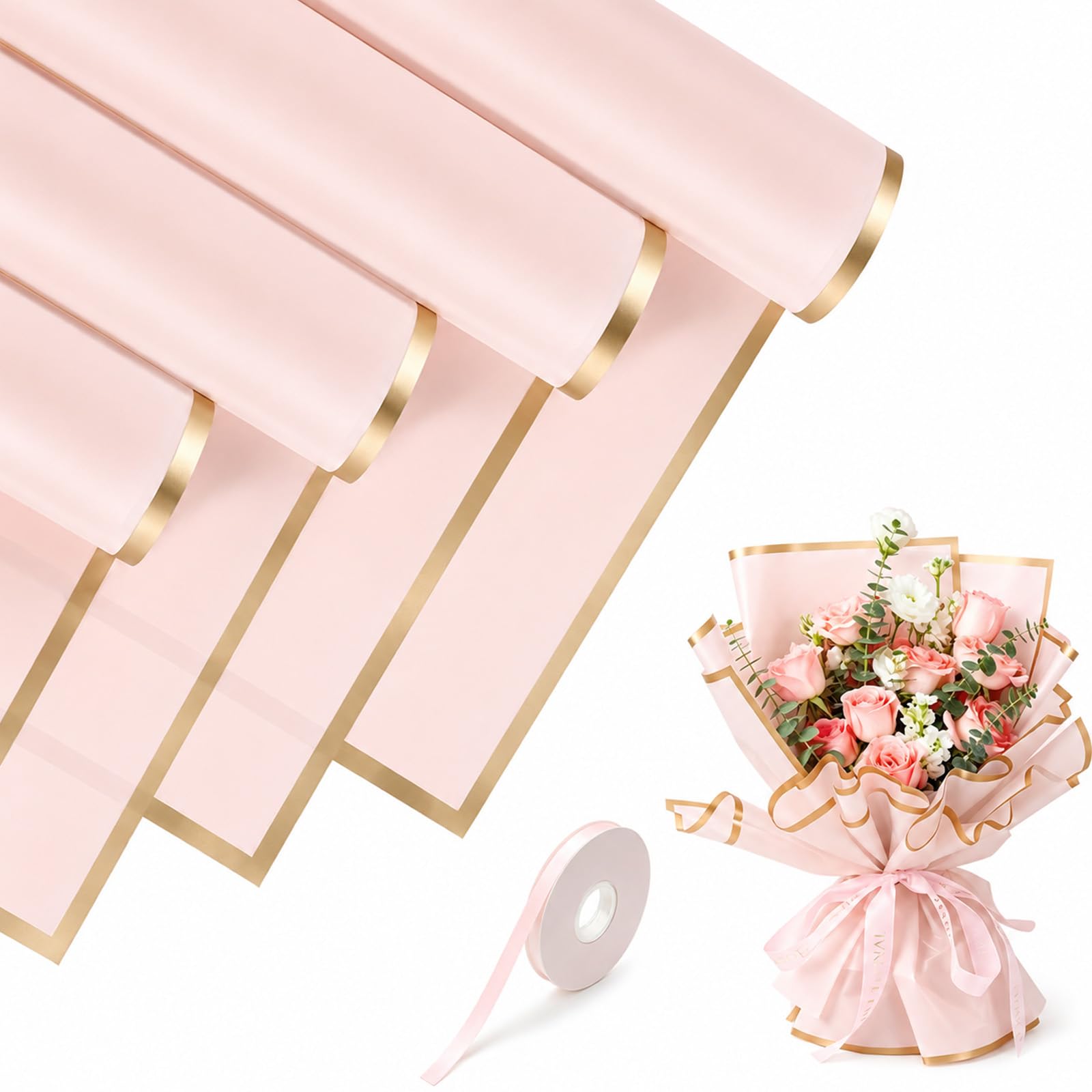 Flower Wrapping Paper 20 Sheets, Waterproof Bouquet Wrap with Gold Edge, Floral Packaging Kit with Ribbon for Wedding Birthday Gift DIY Crafts (Pink)