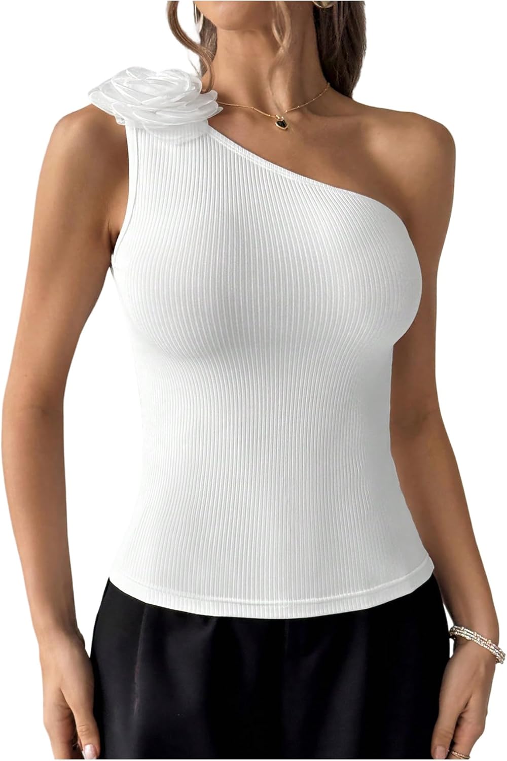 Milumia Women's 3D Floral One Shoulder Tank Top Sleeveless Knitted Fitted Going Out Tops