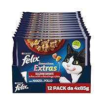 Felix Purina Sensations Extras Cibo Umido per Gatti con Manzo e un Pizzico di Formaggio e con Pollo e un Pizzico di Bacon, 48 buste da 85g ciascuna
