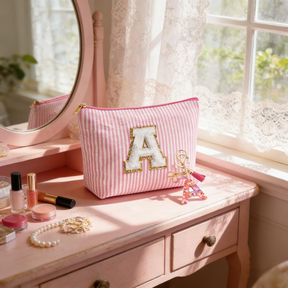 Pochette Personalizzata, Beauty Case e Portachiavi Bambina Ragazza con iniziale, Regali Personalizzati per Mamme, Fidanzate e Sorelle, Regali di Natale Donna (Rosa A)