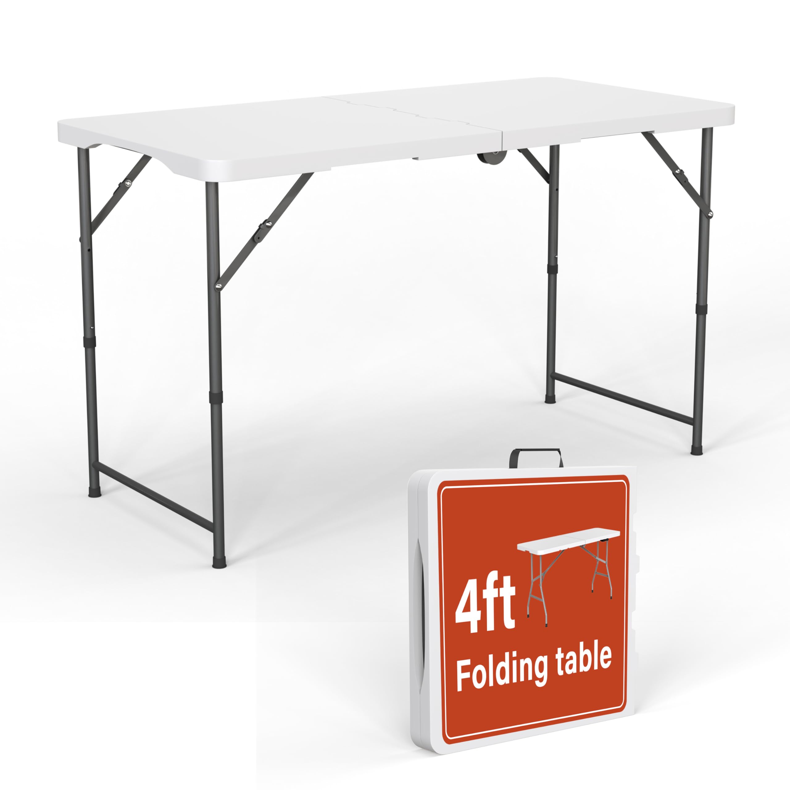 1.22m Rectangle Folding Trestle Table with Adjustable Legs Outdoor Picnic Portable Folding Table for Camping, Parties, Garden, BBQ, Beach, Indoor & Outdoor Use, Party Catering 4ft 122x60x74cm White