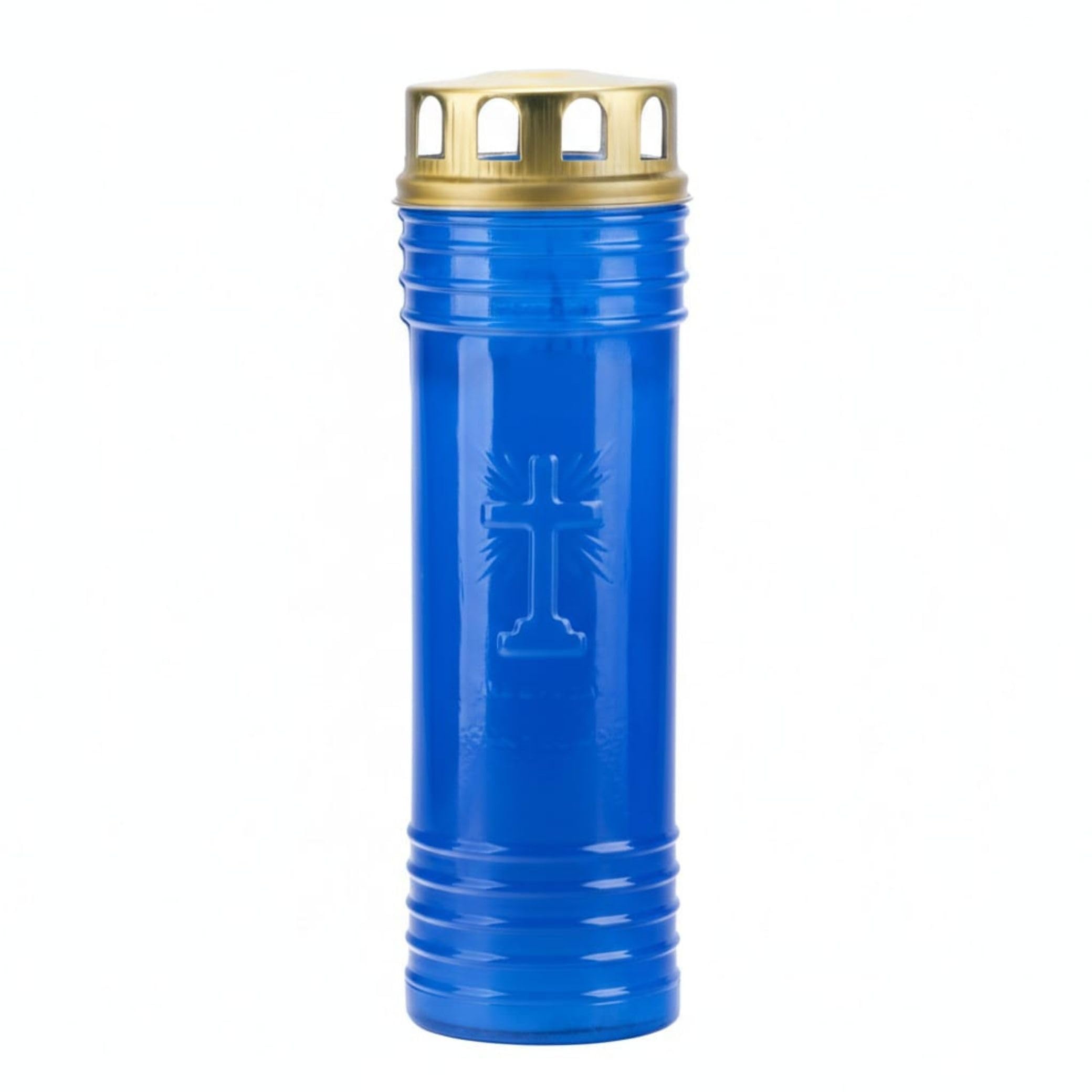 Bougie Cierge avec Couvercle de Sécurité 60LL – 24,5 cm | Longue Durée pour Cimetière, Extérieur et Cérémonies | Flamme Stable avec Protection | Pack 24 Unités (24, Bleu)