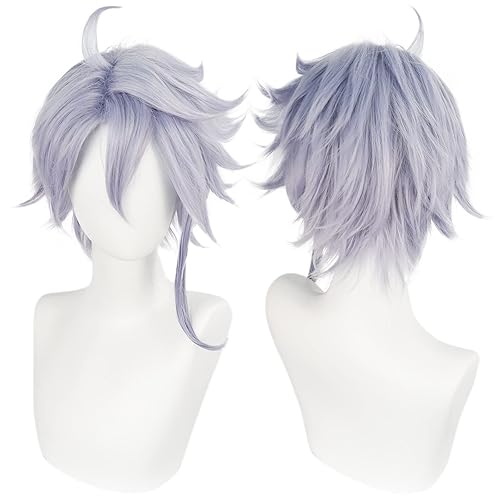 JoneTing Azul Ashengrotto Peluca + Gorro para el cabello Peluca gris púrpura Anime Cosplay peluca sintética corta púrpura claro ondulado pelucas