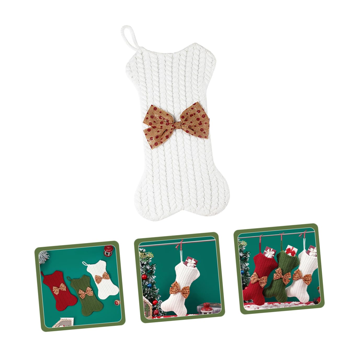 PRETYZOOM 3 Pz Calze di Osso Lavorate a Maglia Calze di Natale all'Uncinetto Ornamento del di Natale Borsa di Natale Ornamento Dell'albero di Natale Calza Ossea Bianca Filato