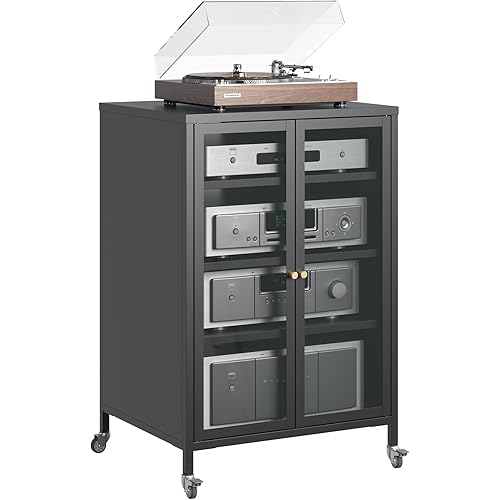 Stereo Cabinet, Metal Media Storage Cabinet with Glass Doors, Audio-Video Media Stand with 4 Adjustable Shelves, AV Stand for Meeting, Living, Recording Room, Require Assembly, Black