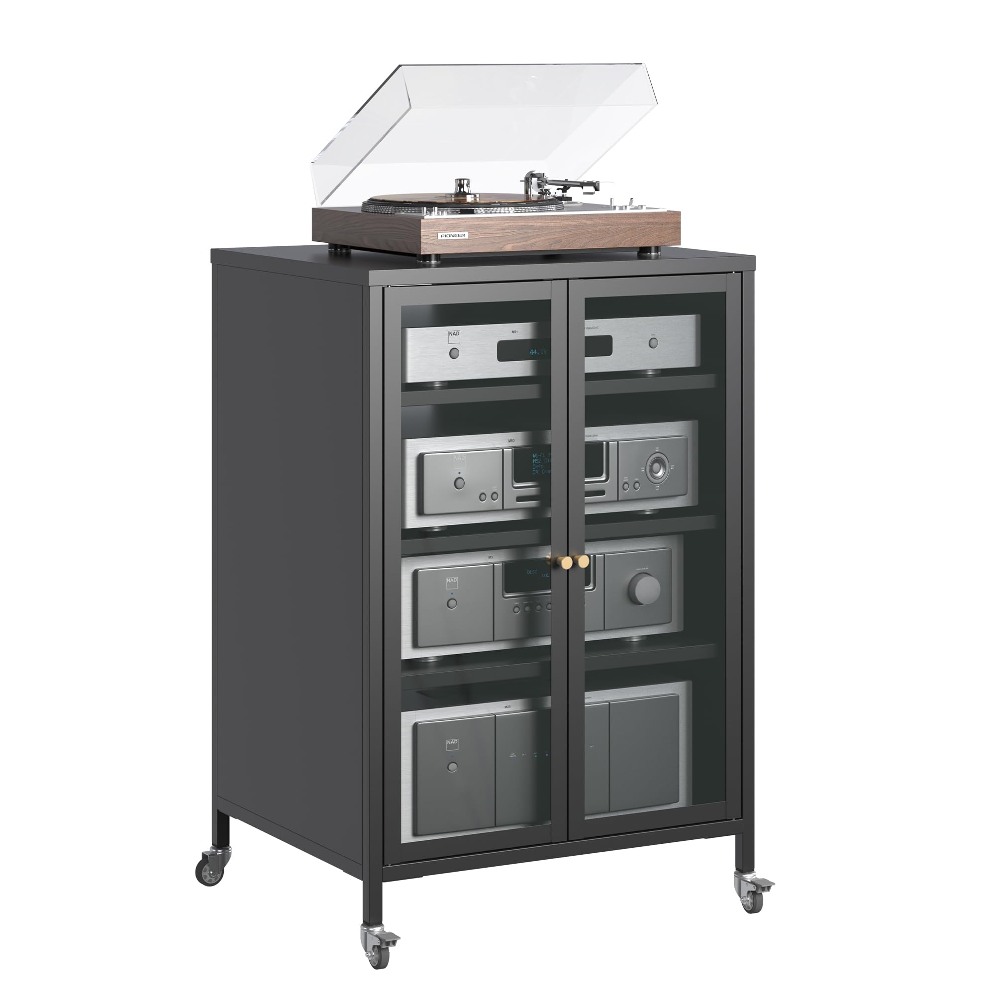 Stereo Cabinet, Metal Media Storage Cabinet with Glass Doors, Audio-Video Media Stand with 4 Adjustable Shelves, AV Cabinet for Meeting, Living, Recording Room, Require Assembly, Black