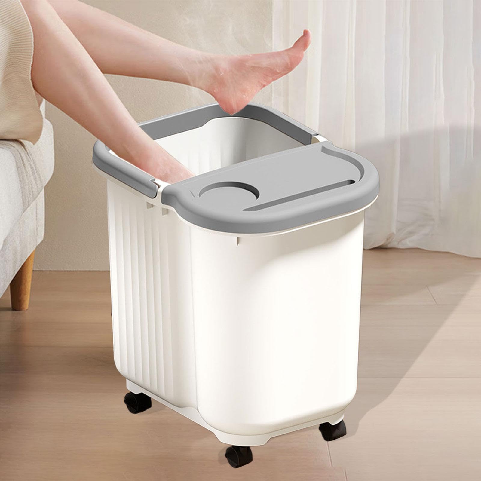 Vaschetta per Pediluvio con Punti Massaggianti, Portatile, per Relax Domestico, con Coperchio, Ideale per Pedicure, Bianco Grigio, L with Wheels