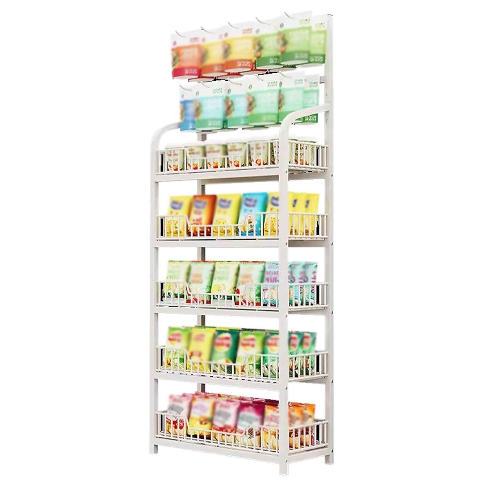 Genérico Expositor de 5 Niveles para Snacks, Cine en casa y supermercado, 50 x 27 x 166 cm, Blanco, con Ganchos para Patatas Fritas y Dulces, Organizador de Snacks para Oficina, Gran Capacidad.