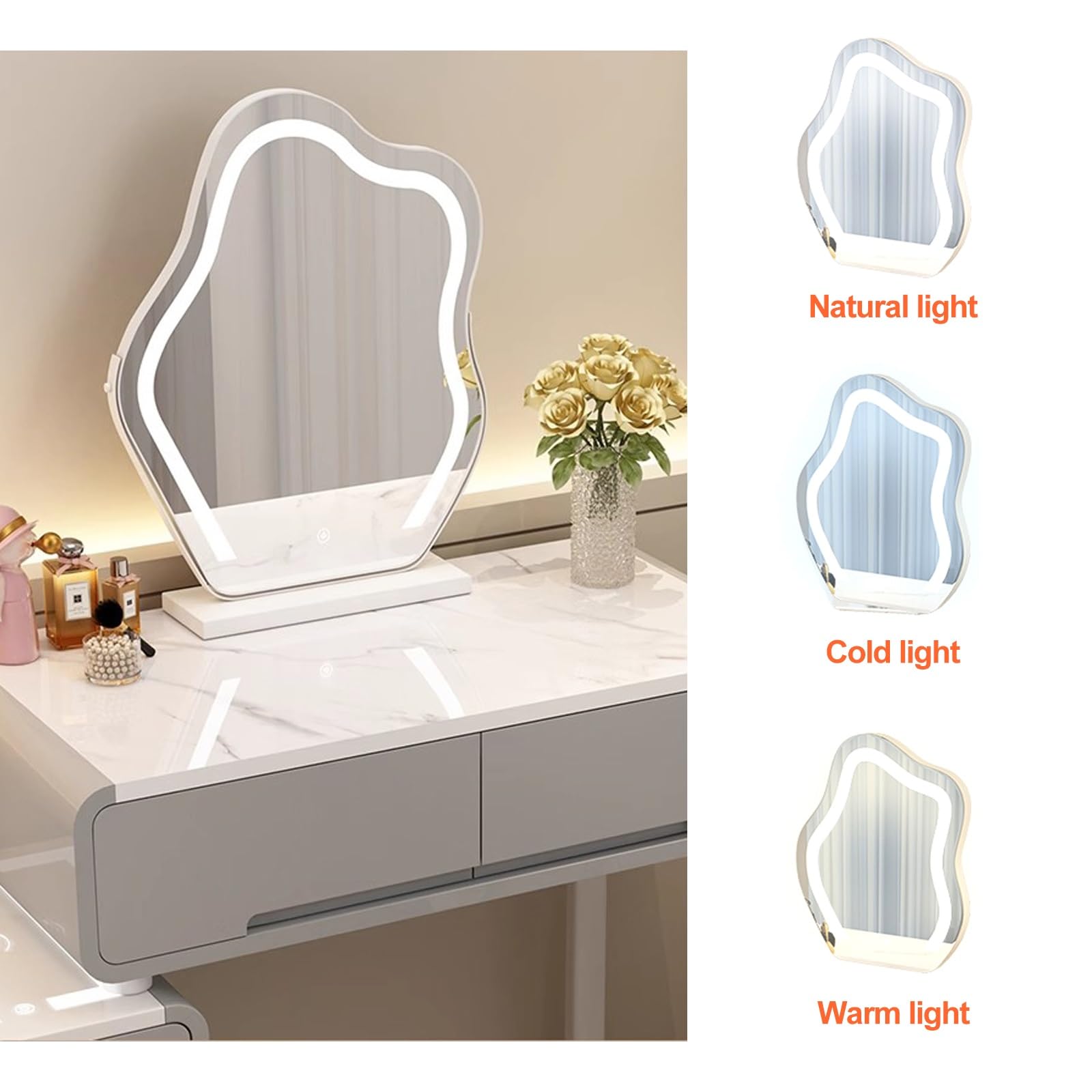 Smart Makeup Vanity Set con specchio illuminato a LED, tavolo allungabile e sgabello imbottito in legno massello, 50 cm, perfetto per gli amanti della bellezza