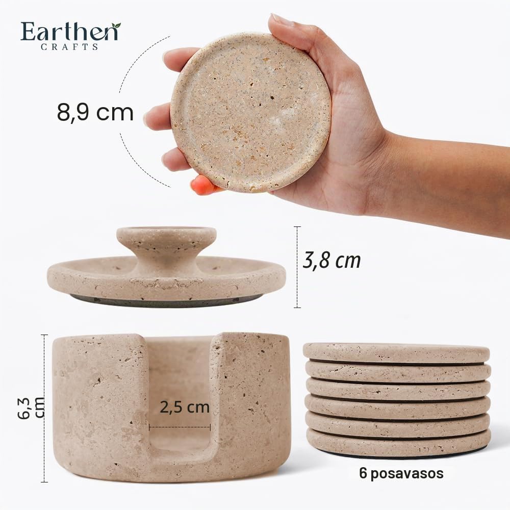 Posavasos de mármol travertino con Tapa de Soporte para Bebidas, Juego de 6 Posavasos de Piedra de 3.5 Pulgadas, Ideal para decoración de Patio, Sala de Estar y Cocina | Posavasos redondos de piedra de 3.5 pulgadas para mesa de café, sala de estar, cocina