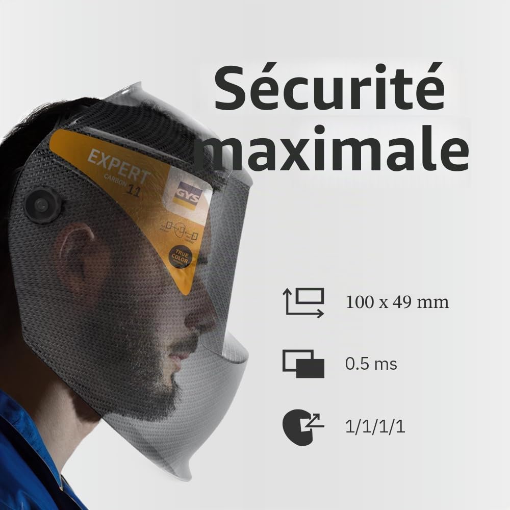 GYS, Masque de Soudage LCD EXPERT 11 CARBON True Color, Teinte 3/11, Champ de Vision 100x49mm, Assombrissement Auto 0,50ms, Classe Optique 1/1/1/1, pour MMA, TIG, MIG/MAG