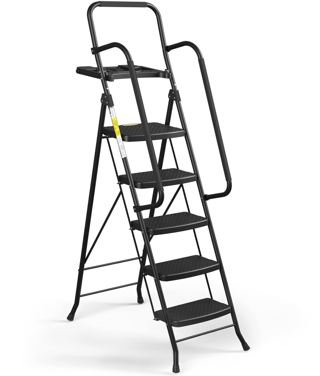 Step Ladder with Handrails, Folding Step Stool with Attachable Tool Bag & Anti-Slip Wide Pedal for Home Kitchen Pantry Office, Black