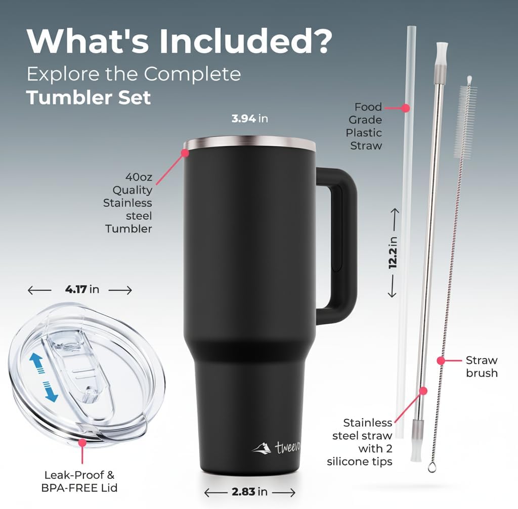 40 oz Tumbler With Handle and Straw Made of Stainless Steel - Double Wall Vacuum Insulated Tumbler With Lid - Sweat Proof Easy Grip, BPA-Free, Dishwasher Safe Tumbler (Black) - Image 4
