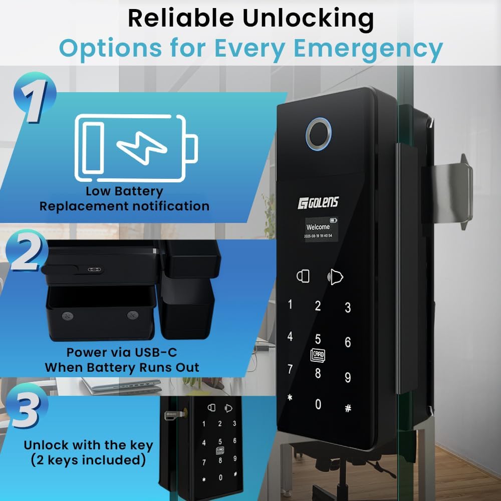 Golens X37 Smart Glass Door Lock for Home/Office | WiFi | 6 Ways Unlocking, Fingerprint, Remote, PIN, IC Card, Mobile App, Key | Digital Lock for Door | Standard Size 10-12 mm Thickness of Glass — Amazon image 4