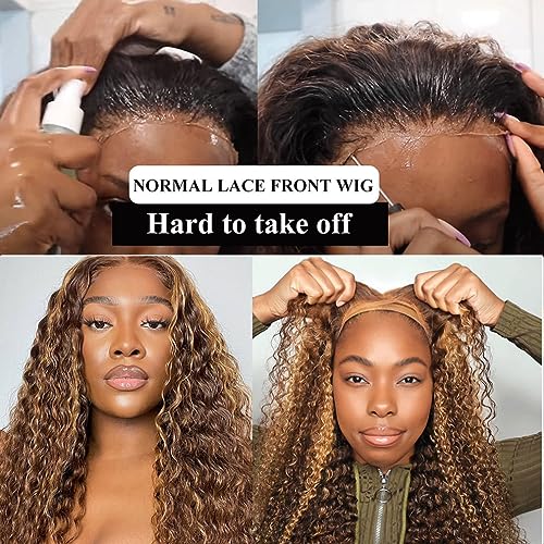 Buildxin 13X4 Honey Blonde Brown Highlight Deep Wave Lace Front Wigs Human Hair 150 Density Wet And Wavy Hd Transparent Frontal Wigs Pre Plucked Glueless Ombre Curly Wigs For Black Women P4/27 22 Inch #TOP1