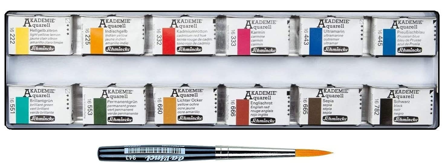 Schmincke Akademie Aquarellfarben 12 ganze Näpfchen im Metallkasten mit Synthetics Pinsel Reise