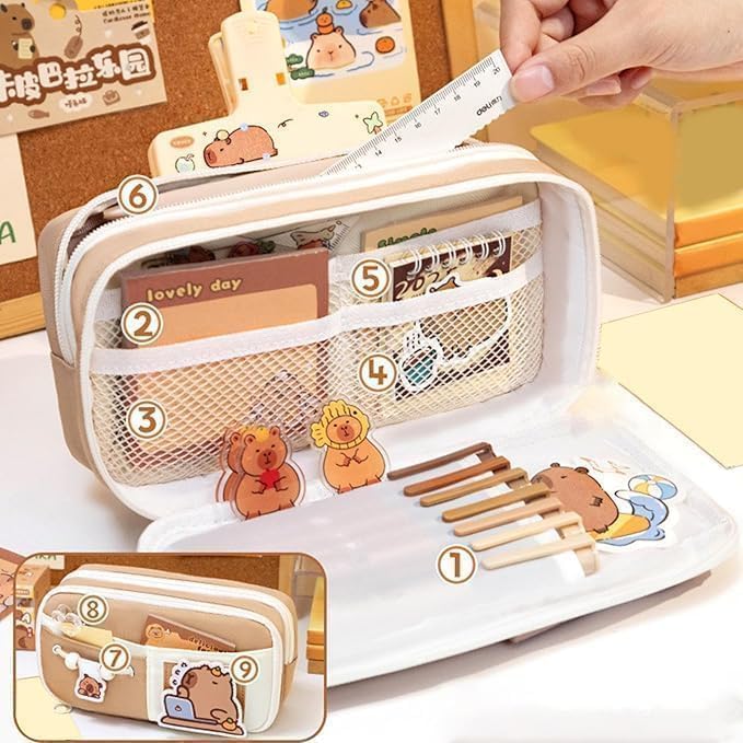 Image of OSDUE School Pencil Case for Girls & Boys, Large Capacity Pencil Pouch with 3 Layers & 6 Compartments, Cute Bear Stationery Organizer Bag for Kids, Teenagers, College Students & Office (Bear Design)