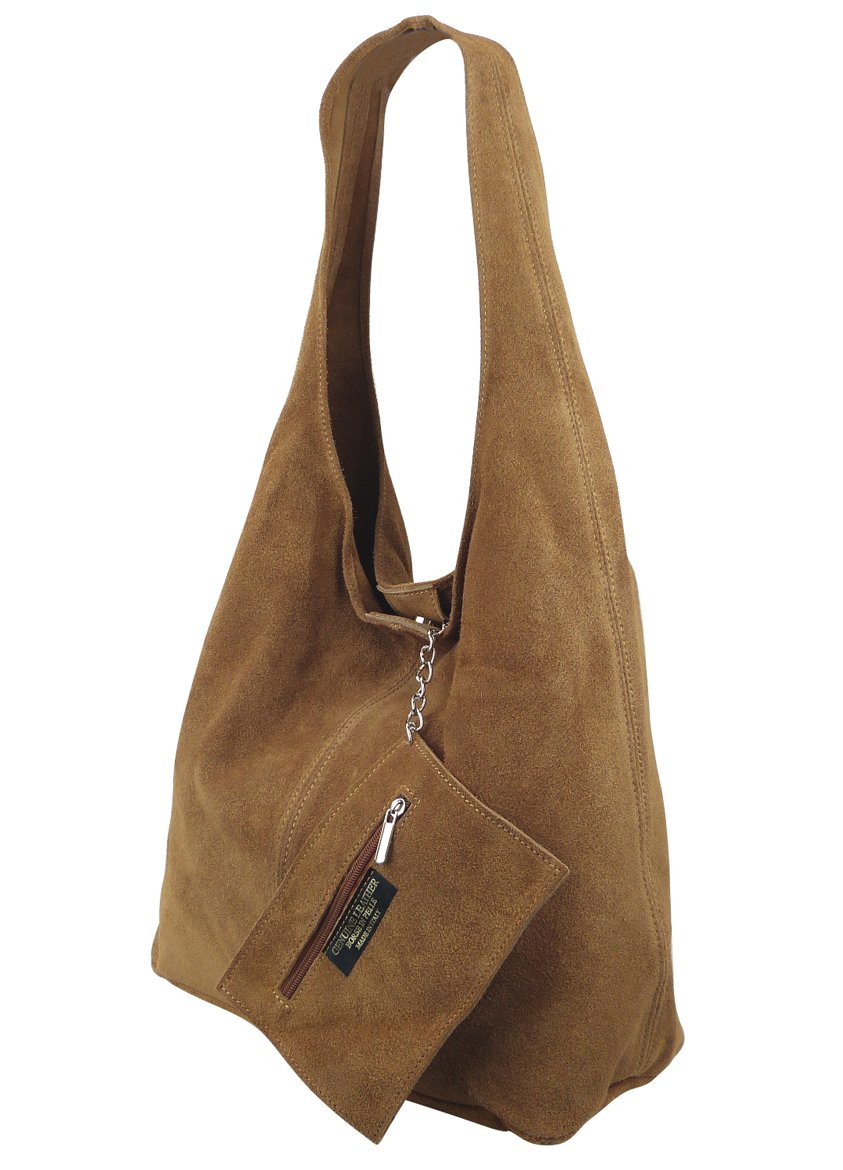 Freyday BT02 - Borsa da donna, in pelle scamosciata, borsetta a tracolla dall’effetto metallizzato, cognac, Grande