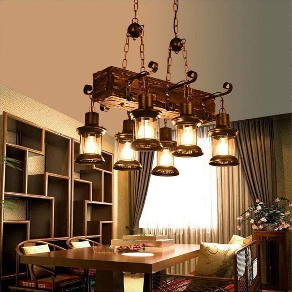 Lampa wisząca z drewna i szkła z 6 światłami
