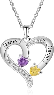 Love Jewelry Personalized Birthstone Necklace for Women,Custom Heart Mothers Name Necklace Birthday Gifts for Mom Wife Grandma