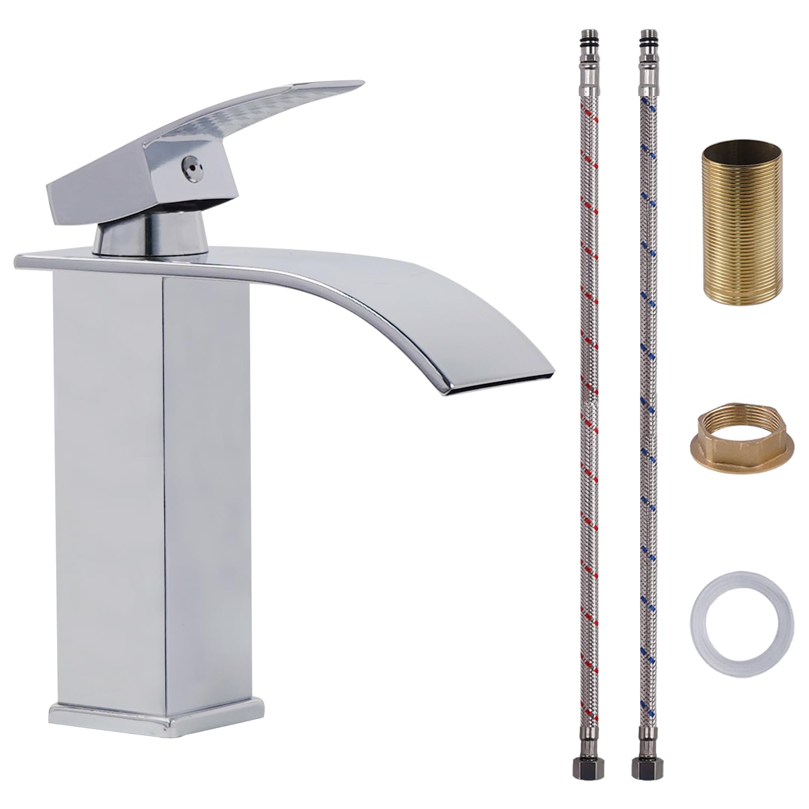 Grifo Lavabo Cascada Acero Inoxidable Grifo Monomando Lavabo de Agua Caliente y Fría Grifos para Lavabos de Baño con Cartuchos Cerámicos Grifería de Bajo Consumo Cromado Plata