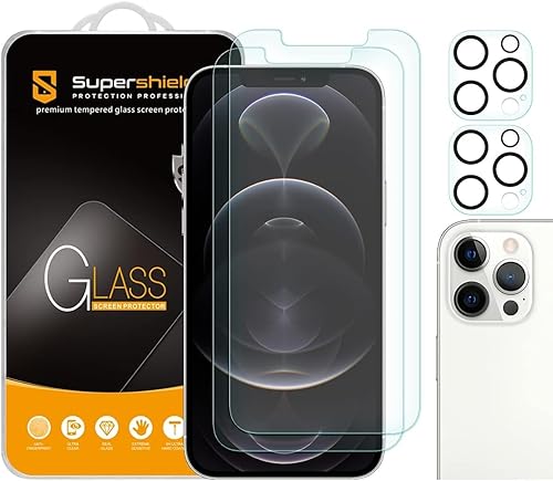 Supershieldz (2 unidades) Diseñado para iPhone 12 Pro Max (6.7 pulgadas) + protector de pantalla de vidrio templado para lente de cámara, 0.013 in,