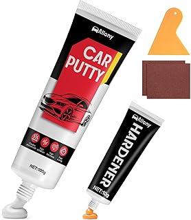 Allony Spachtelmasse Auto, Feinspachtel Kfz, Glasfaserspachtel, Härtet Ohne Rissbildung, Autospachtel mit Härter, Glättet Kratzer, Feinspachtel für Auto, Boot, Metall, GFK Reparaturen, 100g+10g