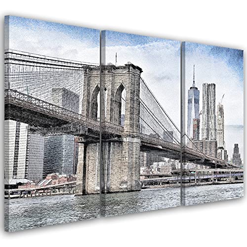 Feeby 3 pièces Tableau déco mural 60x40 cm Le pont de Brooklyn New York Manhattan Image décoration Murale Design Chambre d'enfant Fleuve Grattes ciels...