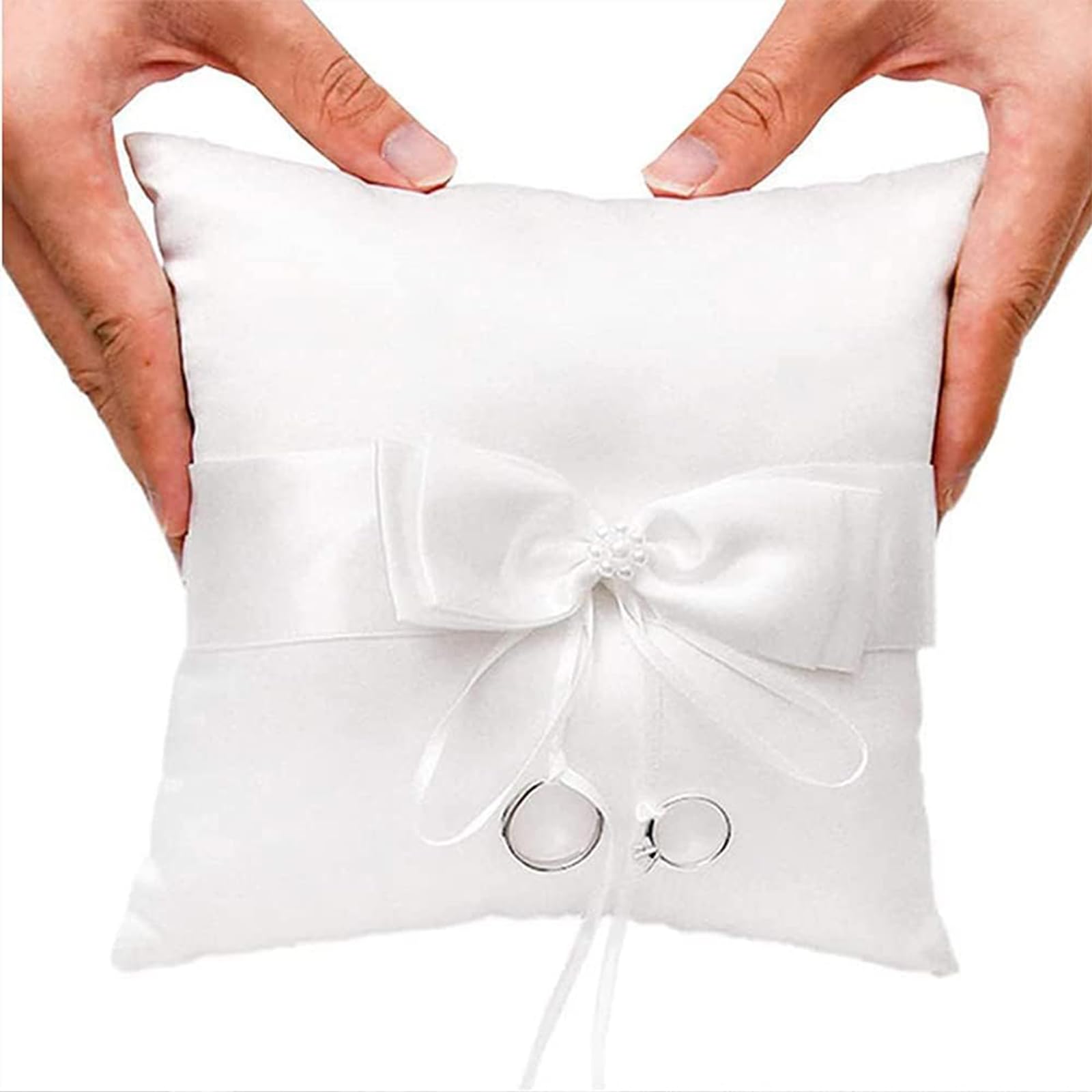 Cuscino Fedi Nuziali Bianco 18x18 Cm - Pizzo E Perle Per Matrimoni - Foto 8