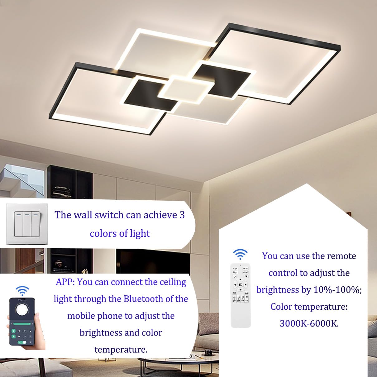Plafoniera LED Moderna Dimmerabile con Telecomando per Soggiorno | Lampada da Soffitto LED per Camera da Letto, Cucina, Ingresso e Ufficio, Risparmio Energetico e Facile Installazione