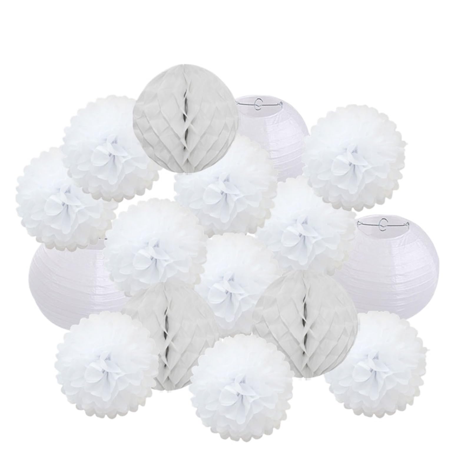 Paper Lanterns Boy Girl Birthday Party Favor Yellow Set Folding Round Paper Lantern Wedding Baptism Decor DIY Tissue Pompom(White Set,8inch(20cm))