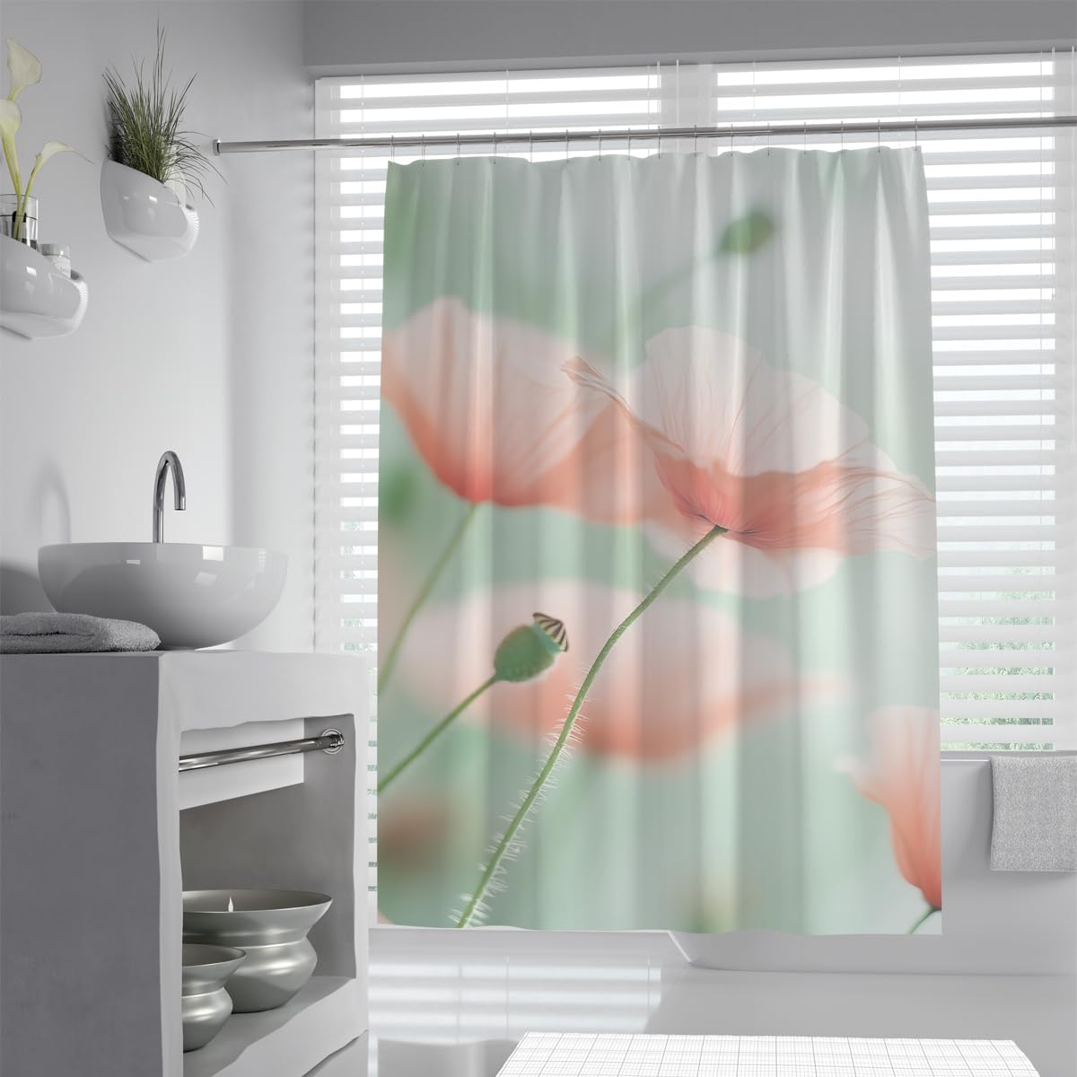 UIRINGART Artistic Soft Pink Poppy Shower Curtain W90xL180cm Light Green Botanical Anti Mould Waterproof Bathroom Curtain Rustproof Grommets With Hooks