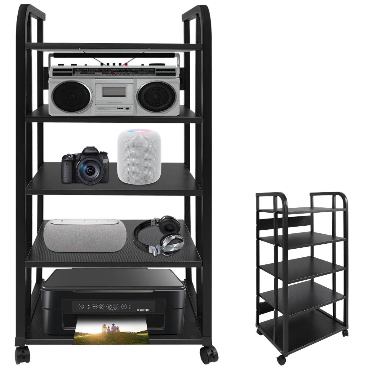 TTeralmon 5-Tier AV Media Stand with Wheels, Adjustable Audio-Video Shelving Audio Rack Media Shelves Modern Black Stereo Cabinet Stereo Stand for